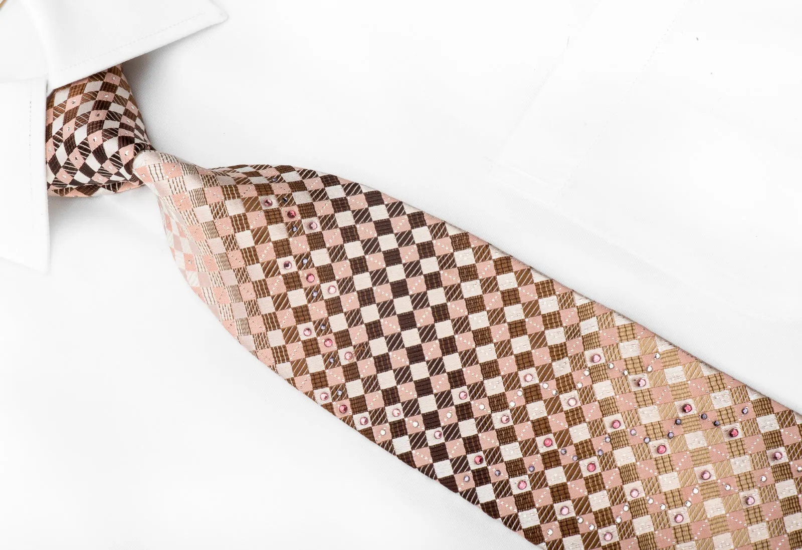 Park Land Men's Crystal Tie Brown Pink Cream Checkered With Silver Sparkles