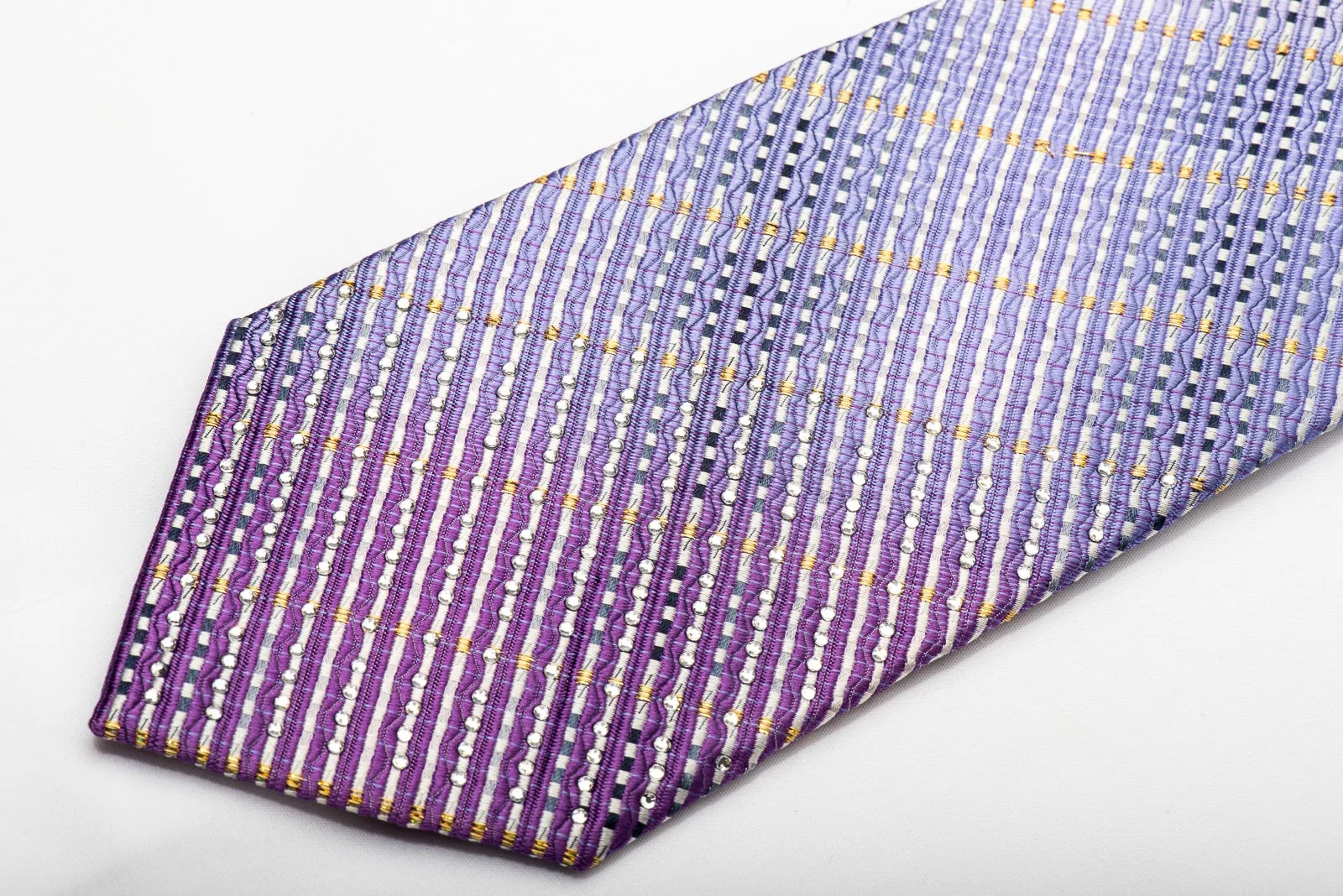 Park Land Men's Silk Necktie Silver Mauve Striped Sparkling With Rhinestones