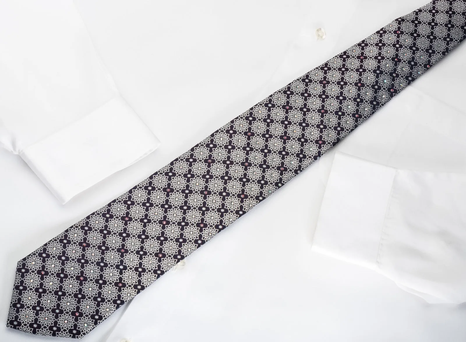 Park Land Silk Rhinestone Necktie Silver Marrakesh On Navy With Silver Sparkles