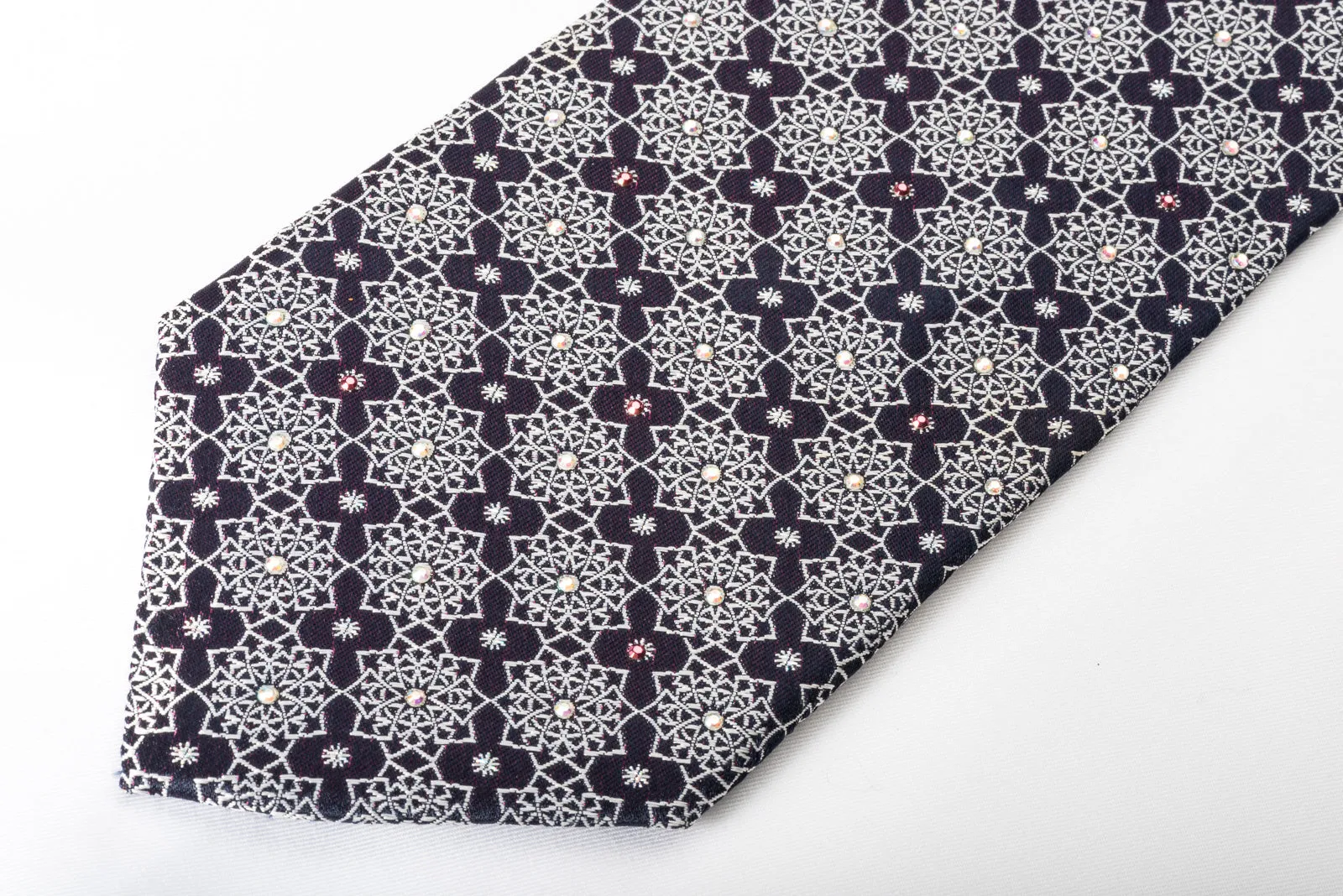 Park Land Silk Rhinestone Necktie Silver Marrakesh On Navy With Silver Sparkles