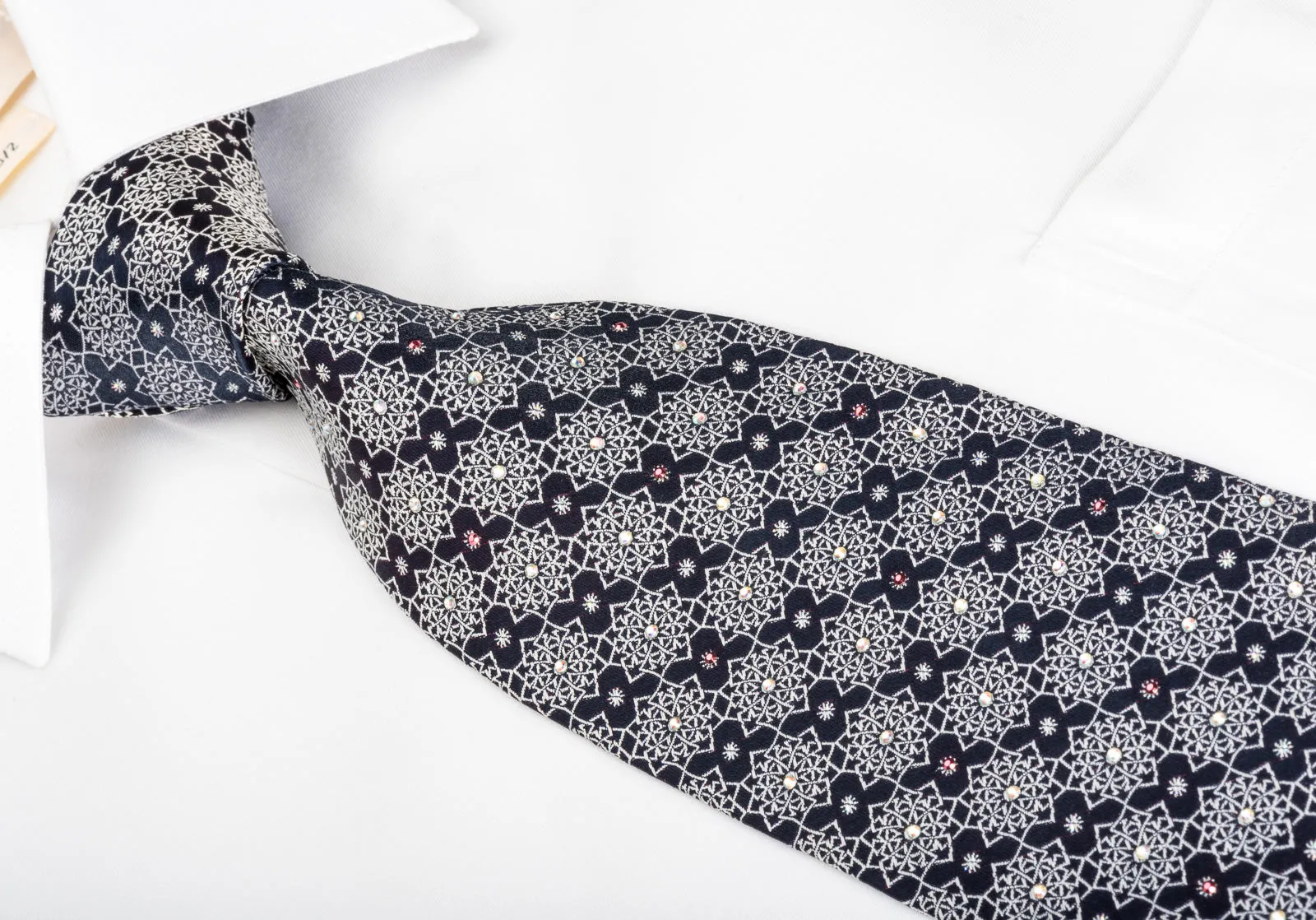 Park Land Silk Rhinestone Necktie Silver Marrakesh On Navy With Silver Sparkles