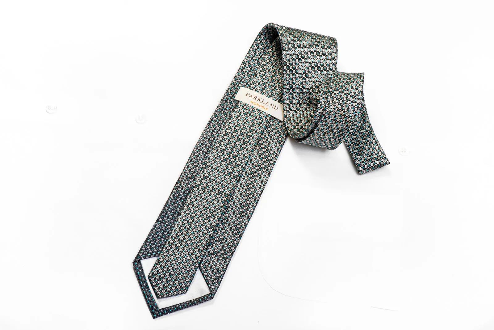 Parkland Men's Crystal Rhinestone Necktie Silver Teal Geometric On Black With Sparkles