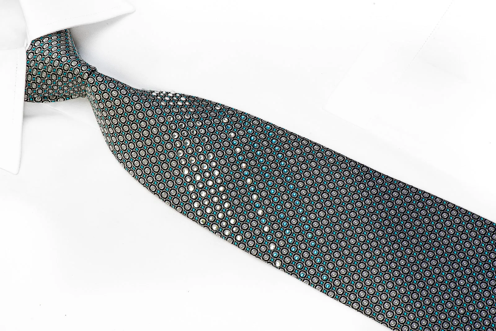 Parkland Men's Crystal Rhinestone Necktie Silver Teal Geometric On Black With Sparkles