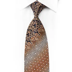 ParkLand Men's Crystal Silk Tie Orange Geometric Scrolls On Navy With Silver Sparkles