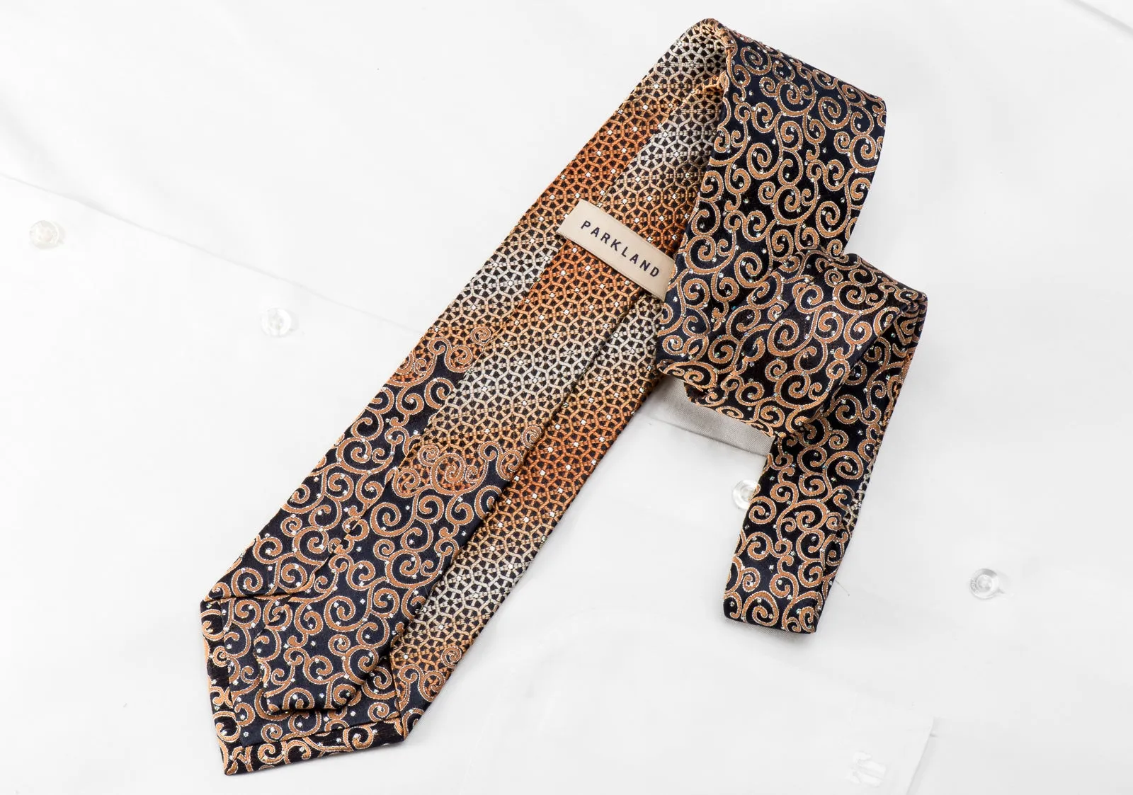 ParkLand Men's Crystal Silk Tie Orange Geometric Scrolls On Navy With Silver Sparkles