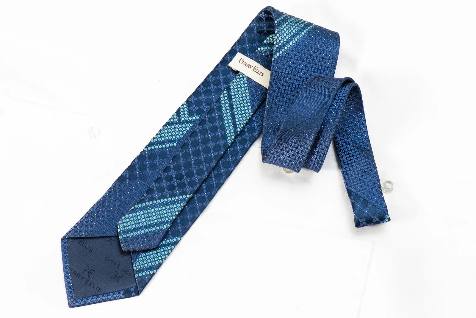 Perry Ellis Mens Crystal Rhinestone Silk Necktie Geometric On Blue With Sparkles