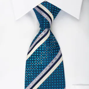 Perry Ellis Rhinestone Silk Tie Turquoise Striped On Navy With Silver Sparkles