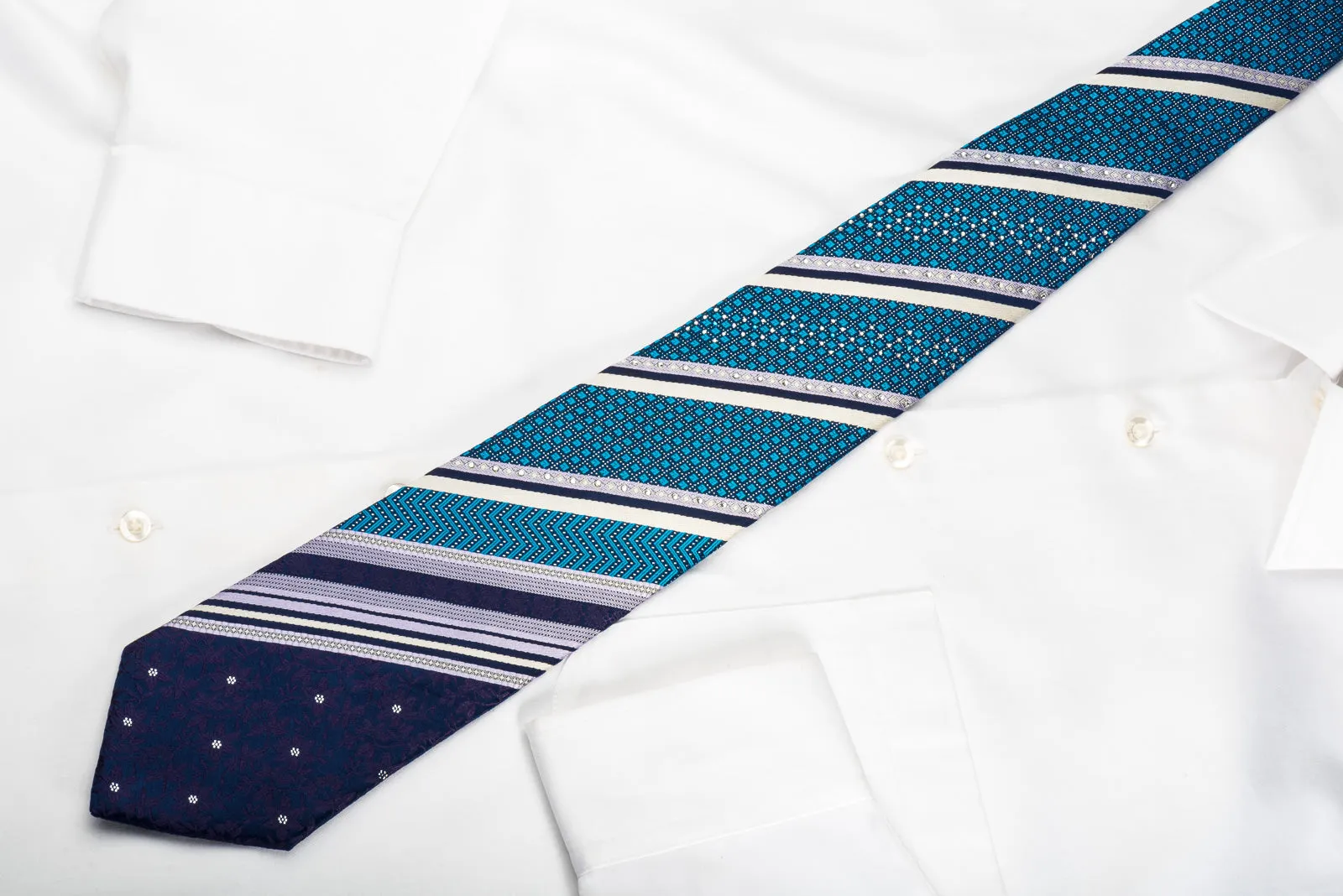 Perry Ellis Rhinestone Silk Tie Turquoise Striped On Navy With Silver Sparkles