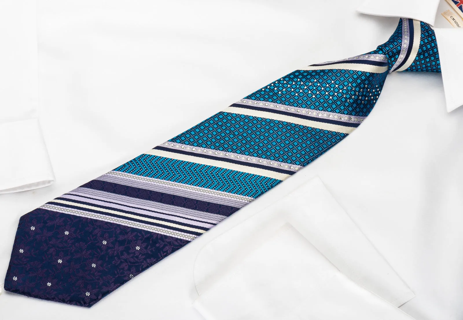 Perry Ellis Rhinestone Silk Tie Turquoise Striped On Navy With Silver Sparkles