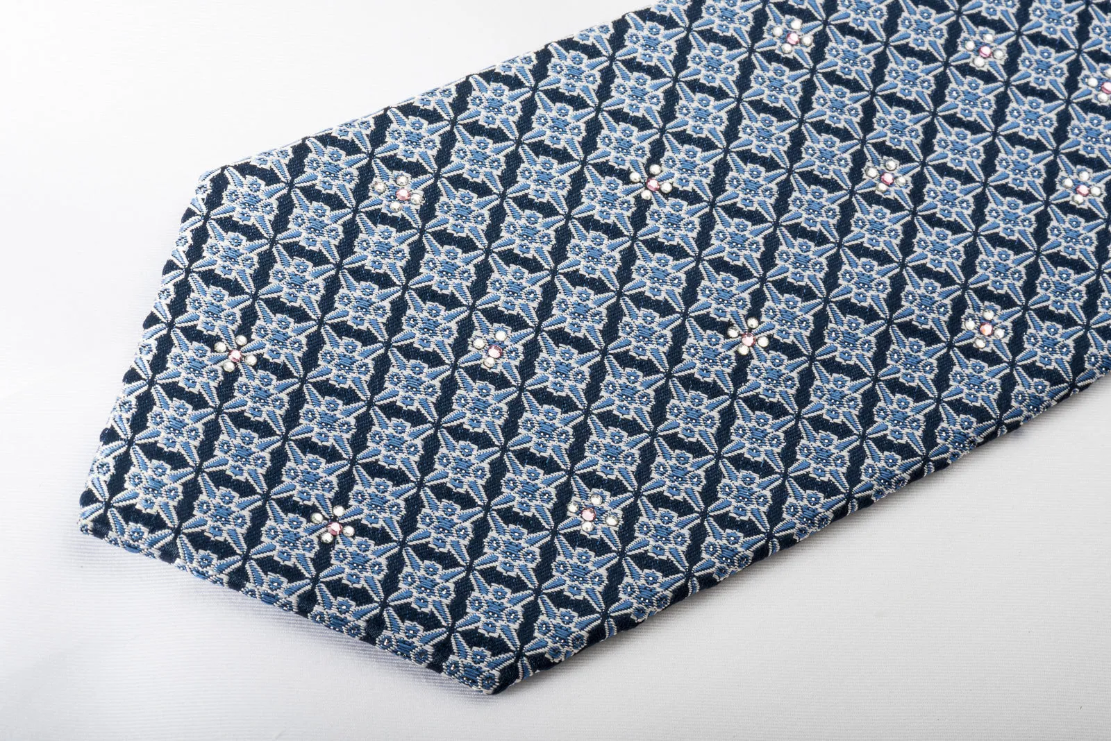 Perry Ellis Silk Rhinestone Necktie Trellis On Blue With Silver Sparkles