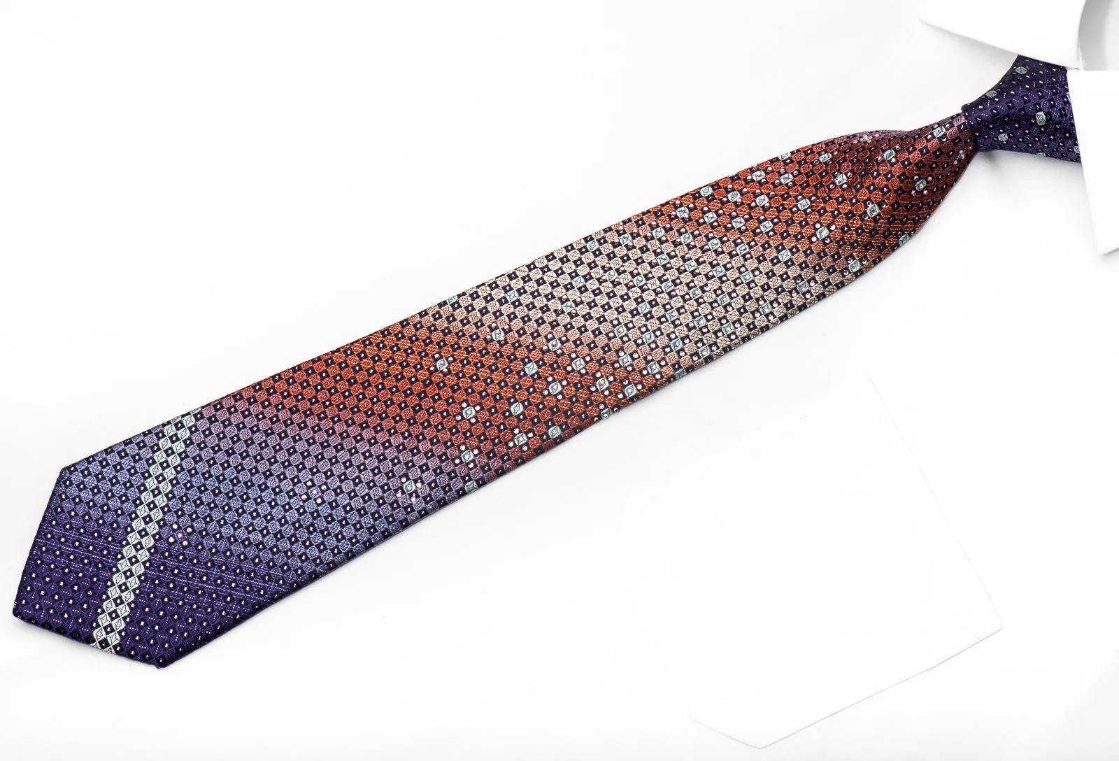 Pierre Cardin Men's Crystal Necktie Purple Orange Checkered With Sparkles