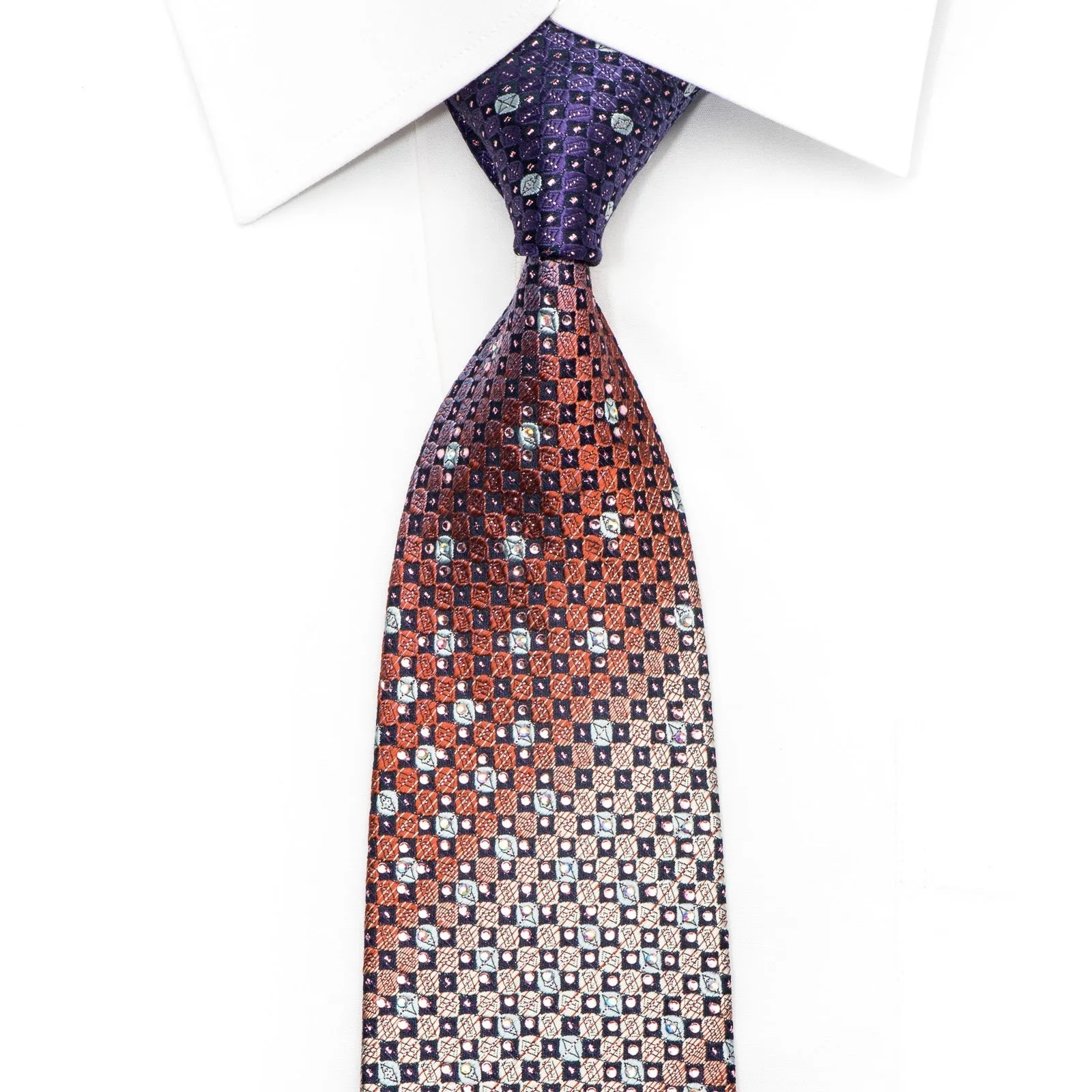 Pierre Cardin Men's Crystal Necktie Purple Orange Checkered With Sparkles