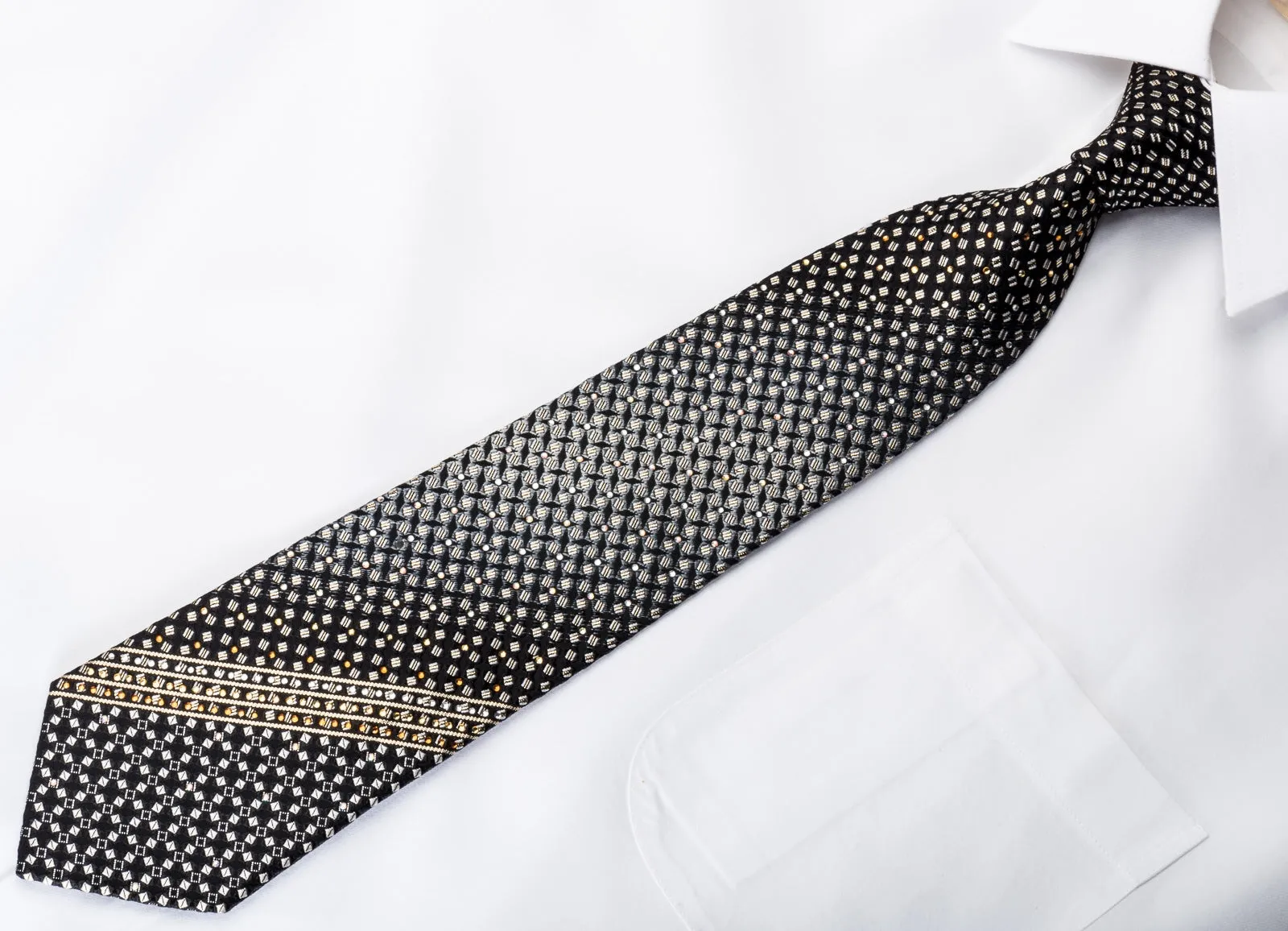 Pierre Cardin Men's Rhinestone Silk Necktie Silver Gold Geometric On Black