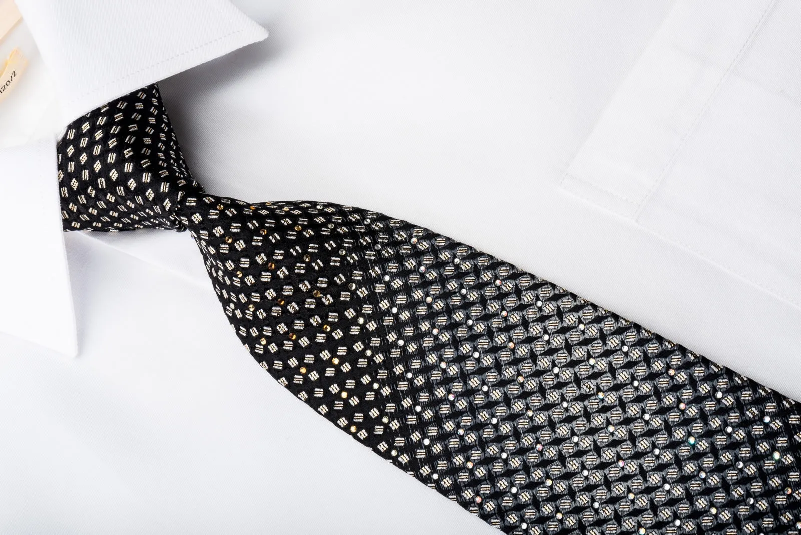 Pierre Cardin Men's Rhinestone Silk Necktie Silver Gold Geometric On Black