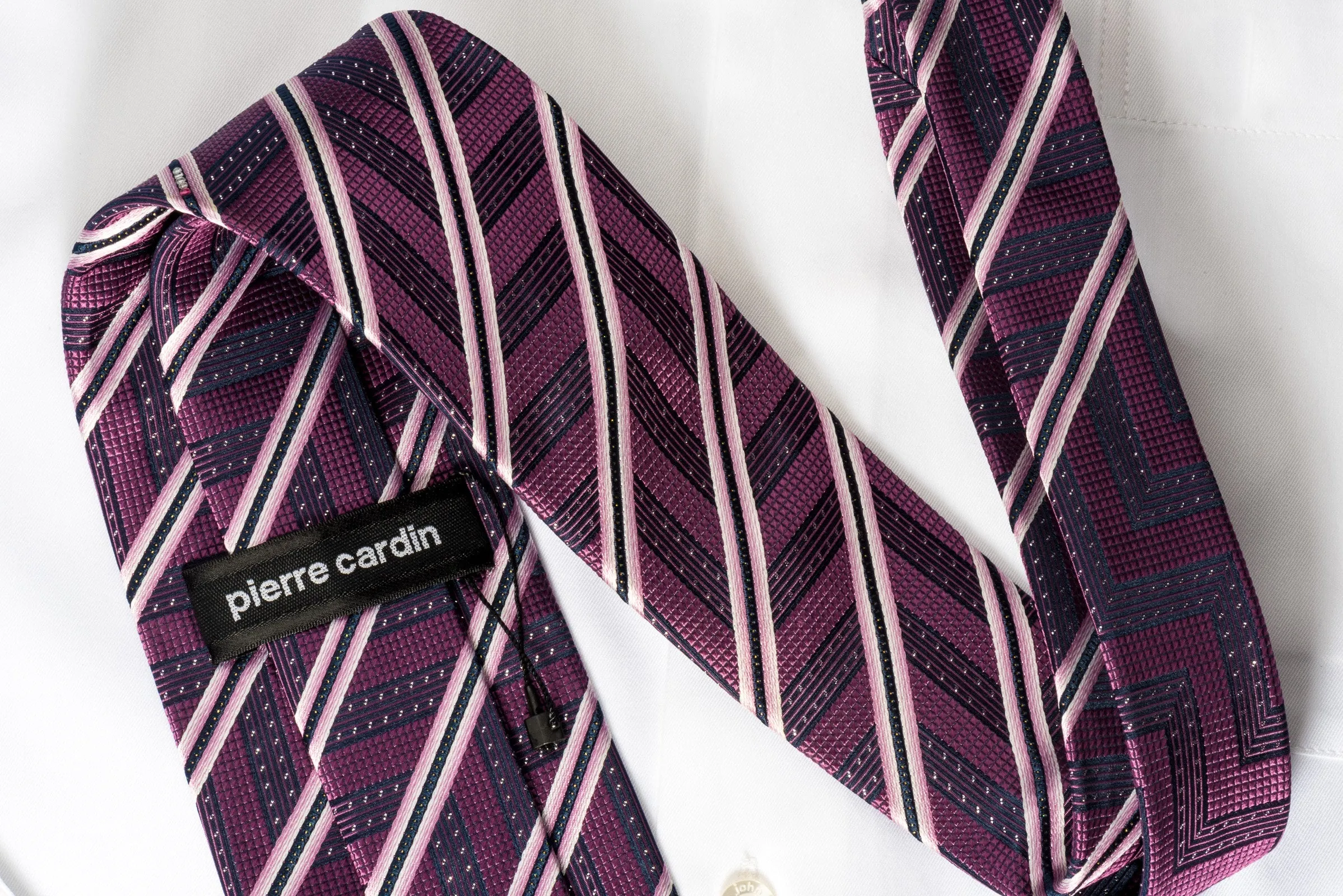 Pierre Cardin Silk Rhinestone Necktie Silver Stripes On Purple With Sparkles