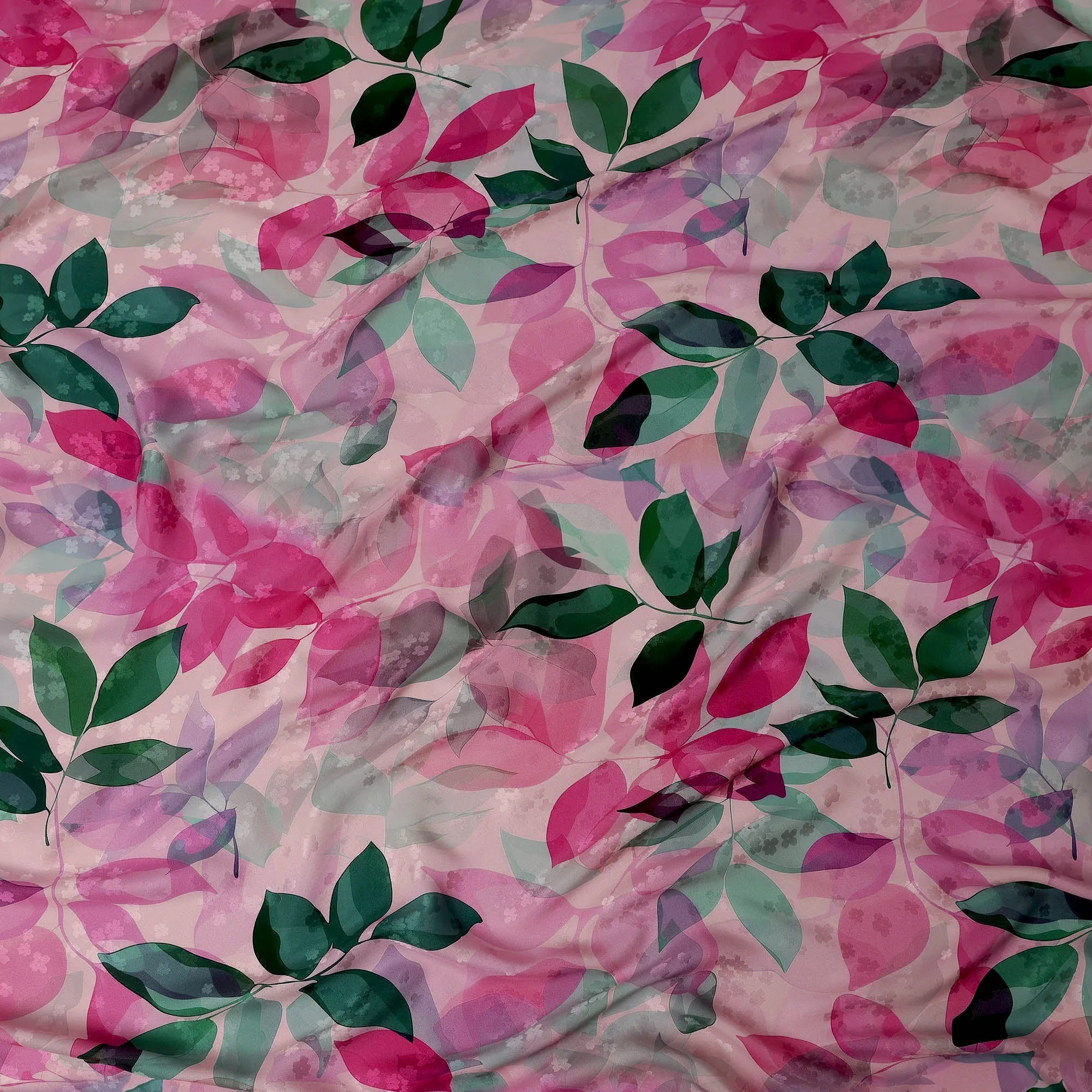 Pink and Green Leaf Print Pure Silk Satin Fabric, 140 cm Width, Made in Italy -D21156