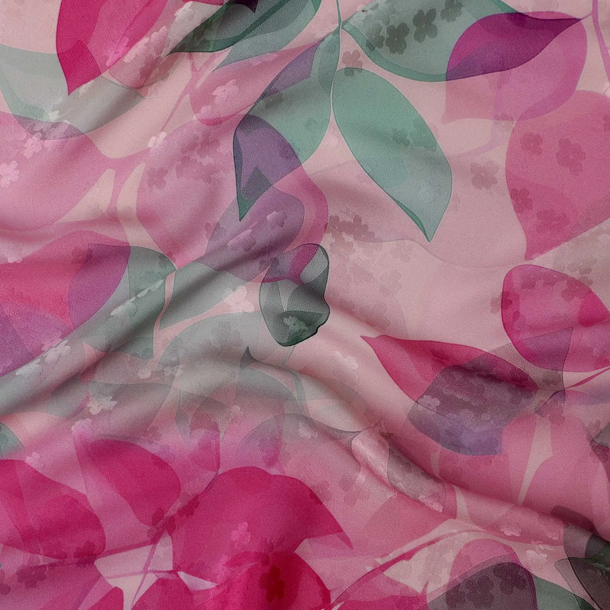 Pink and Green Leaf Print Pure Silk Satin Fabric, 140 cm Width, Made in Italy -D21156