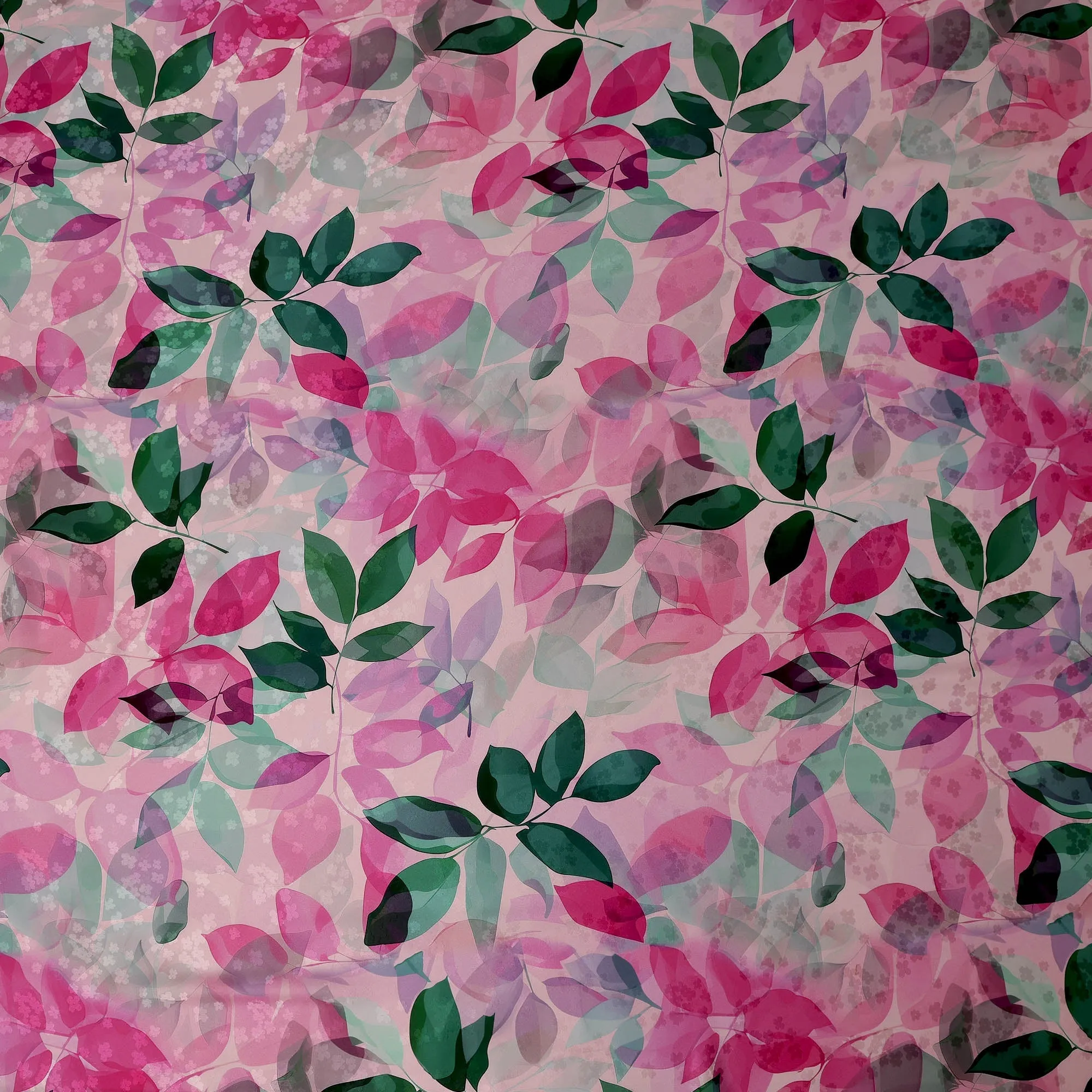 Pink and Green Leaf Print Pure Silk Satin Fabric, 140 cm Width, Made in Italy -D21156