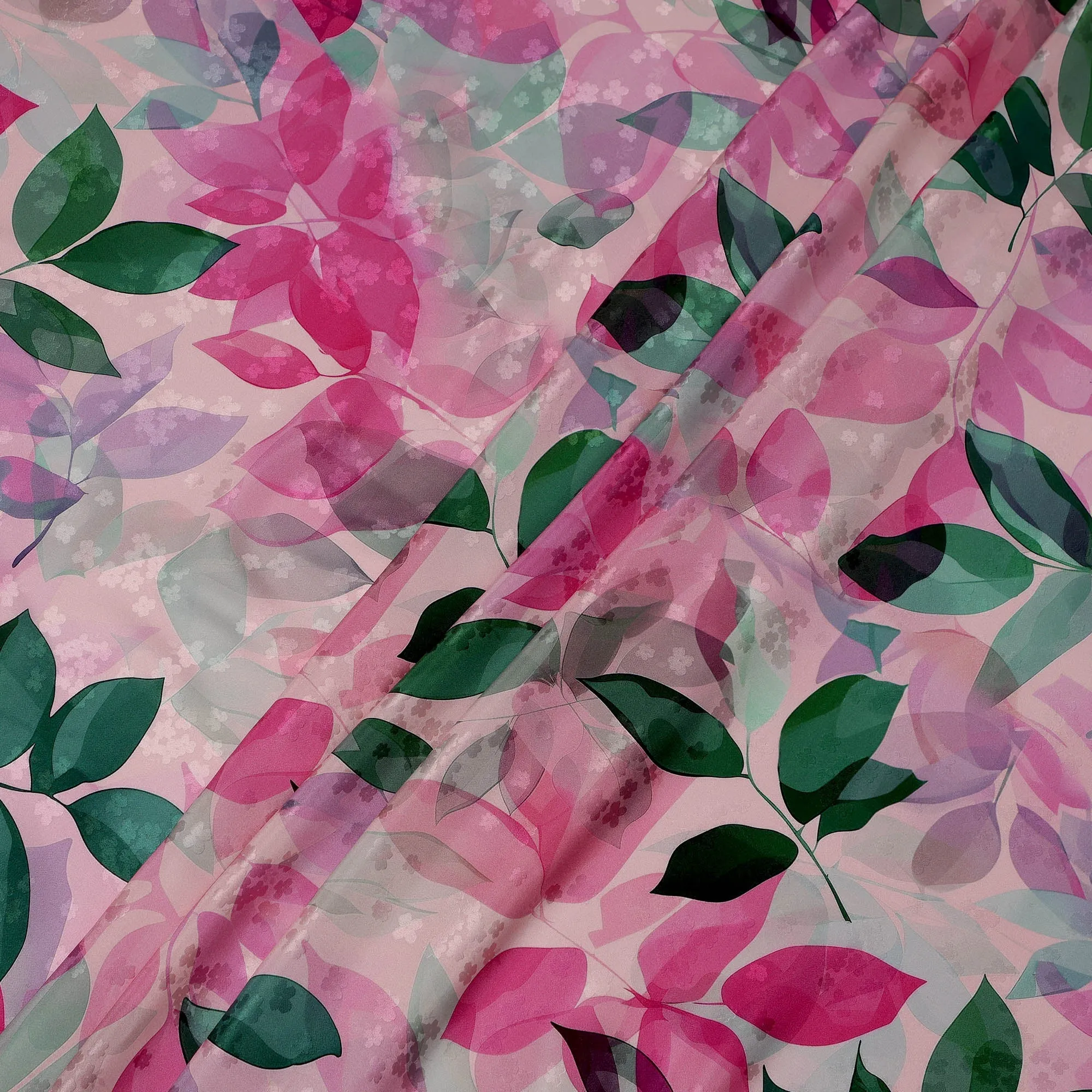 Pink and Green Leaf Print Pure Silk Satin Fabric, 140 cm Width, Made in Italy -D21156