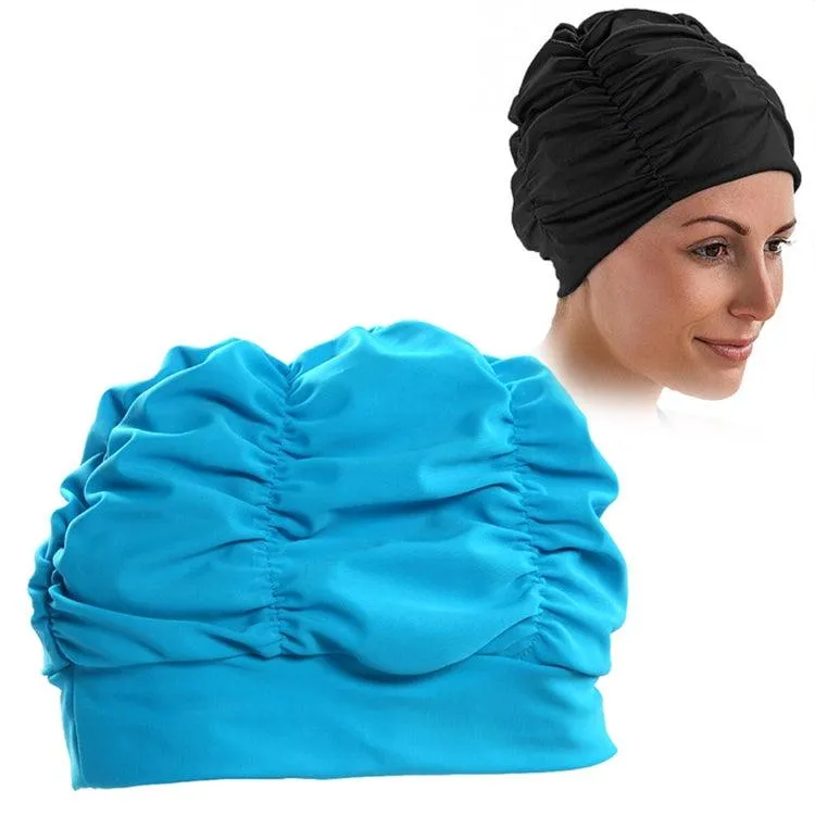 Pleated Cloth Swimming Cap for Women with Earmuffs