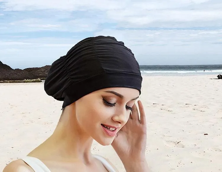 Pleated Cloth Swimming Cap for Women with Earmuffs