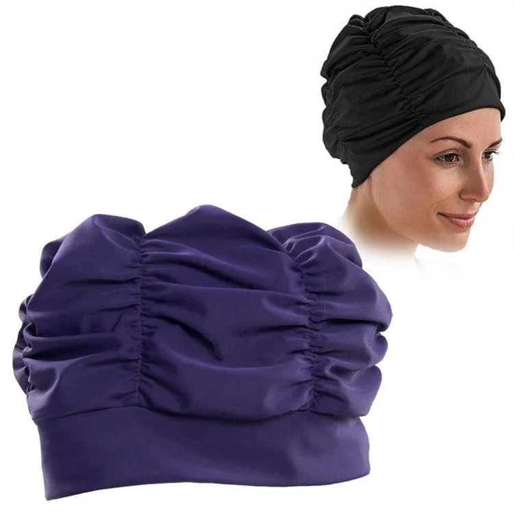 Pleated Cloth Swimming Cap for Women with Earmuffs