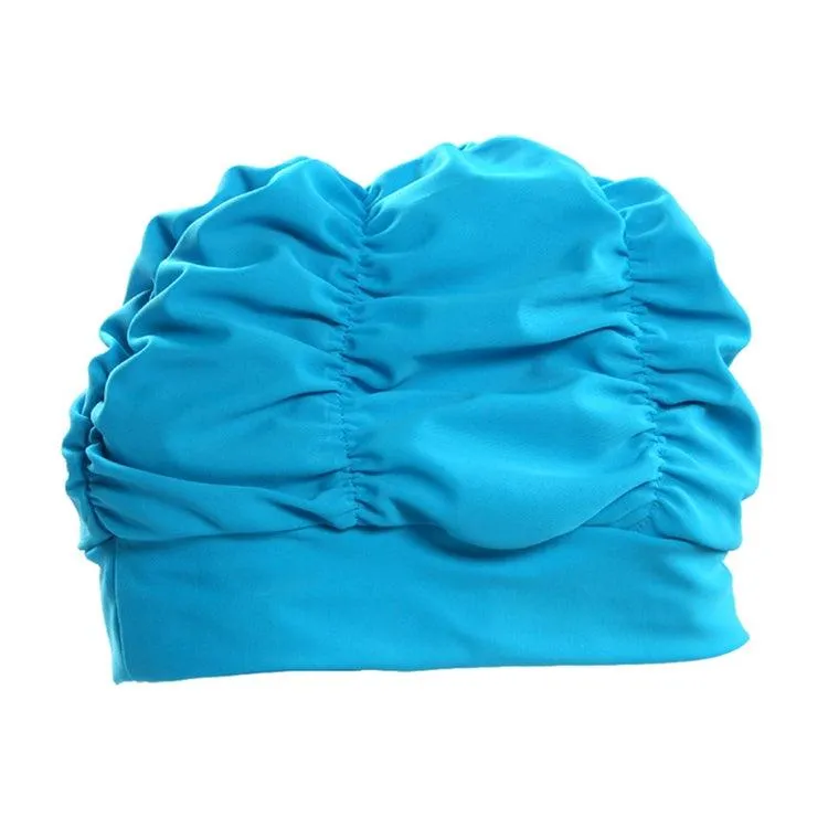 Pleated Cloth Swimming Cap for Women with Earmuffs