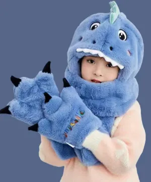 Plush Blue Dinosaur Hat Scarf and Mittens Set