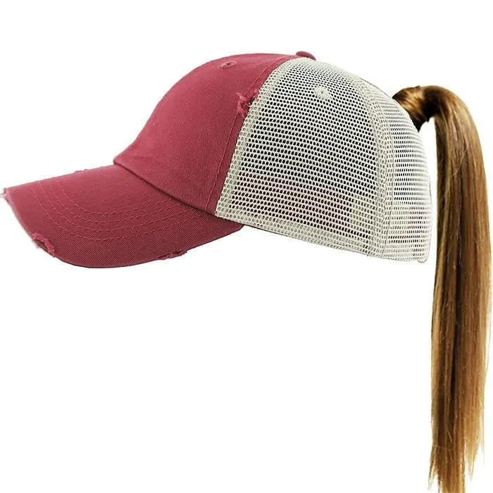 PONY002M Ponytail Distressed Mesh Cotton Cap