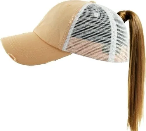 PONY002M Ponytail Distressed Mesh Cotton Cap