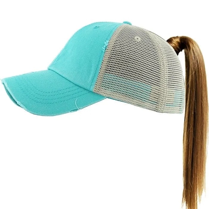 PONY002M Ponytail Distressed Mesh Cotton Cap