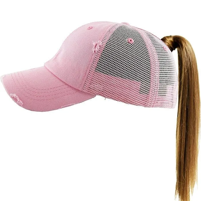 PONY002M Ponytail Distressed Mesh Cotton Cap