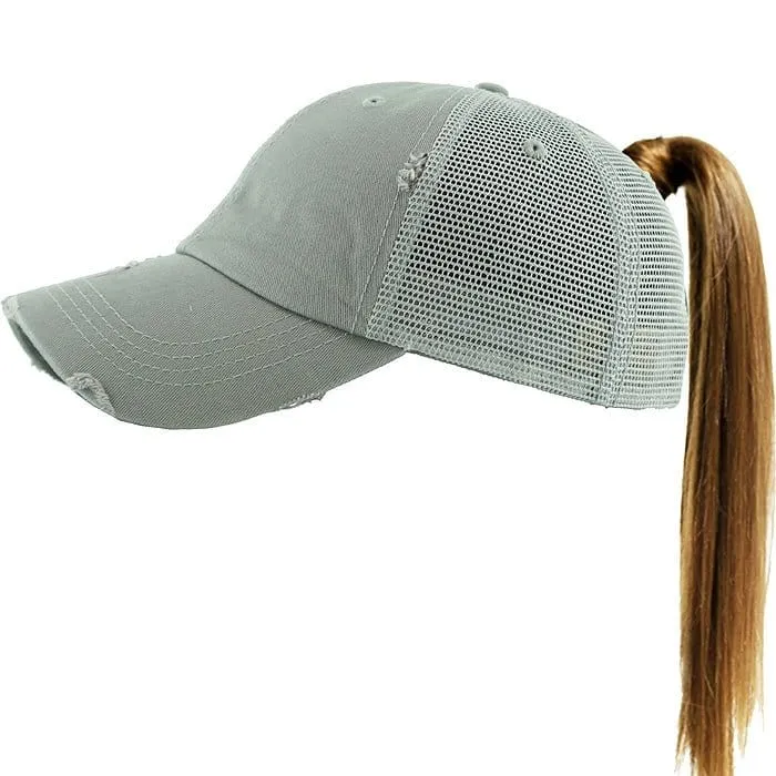 PONY002M Ponytail Distressed Mesh Cotton Cap