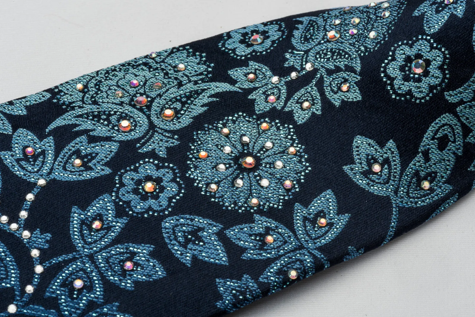 Premierlux Silk Rhinestone Tie Sparkling Floral On Blue