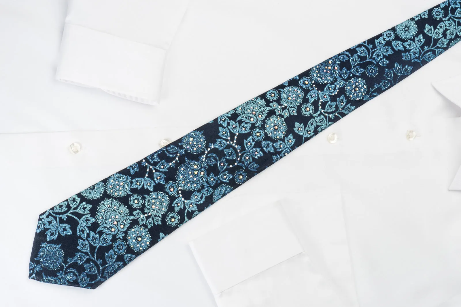 Premierlux Silk Rhinestone Tie Sparkling Floral On Blue