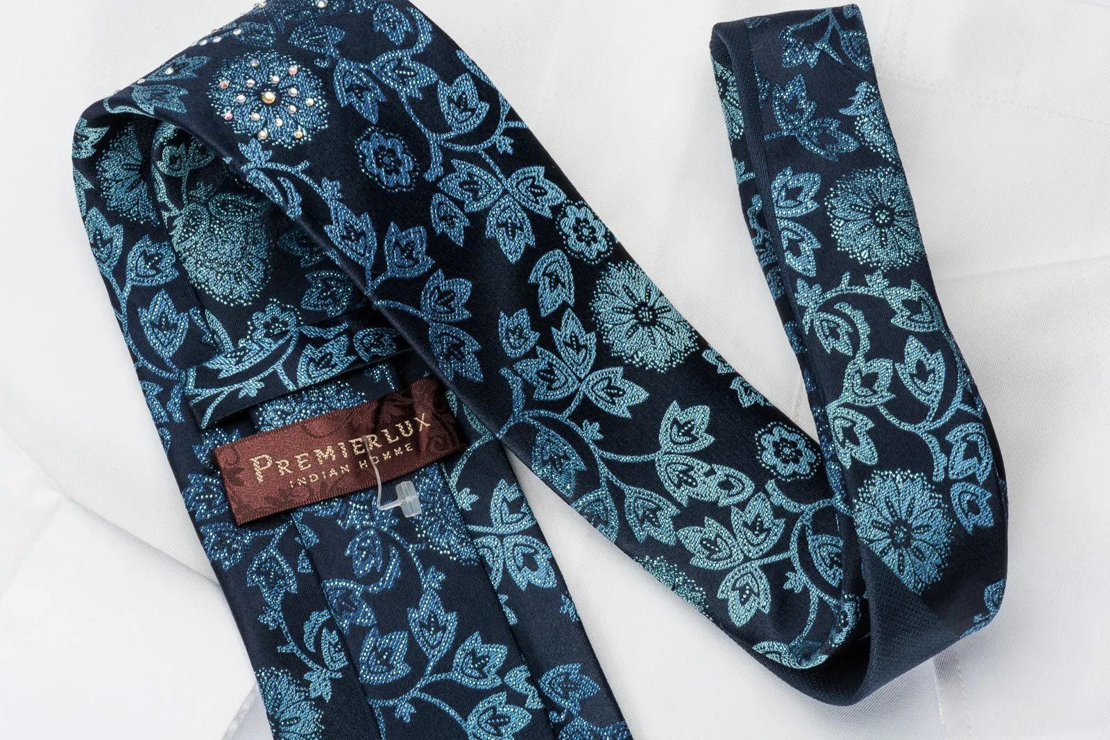 Premierlux Silk Rhinestone Tie Sparkling Floral On Blue