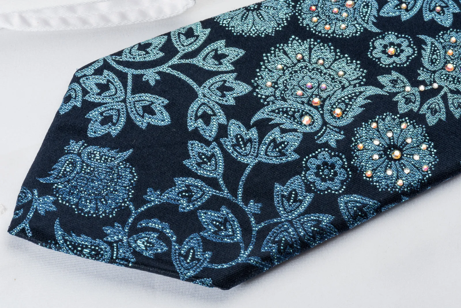 Premierlux Silk Rhinestone Tie Sparkling Floral On Blue