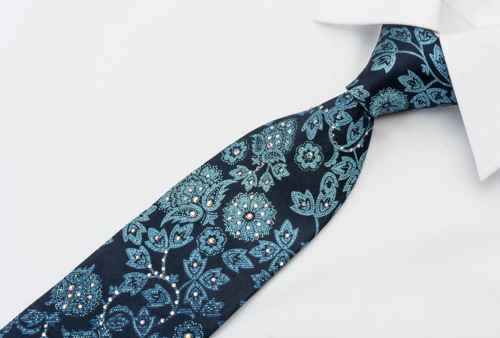 Premierlux Silk Rhinestone Tie Sparkling Floral On Blue