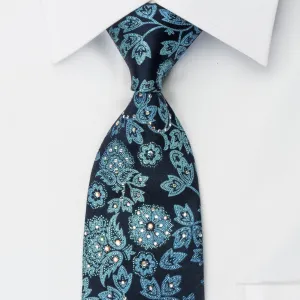 Premierlux Silk Rhinestone Tie Sparkling Floral On Blue