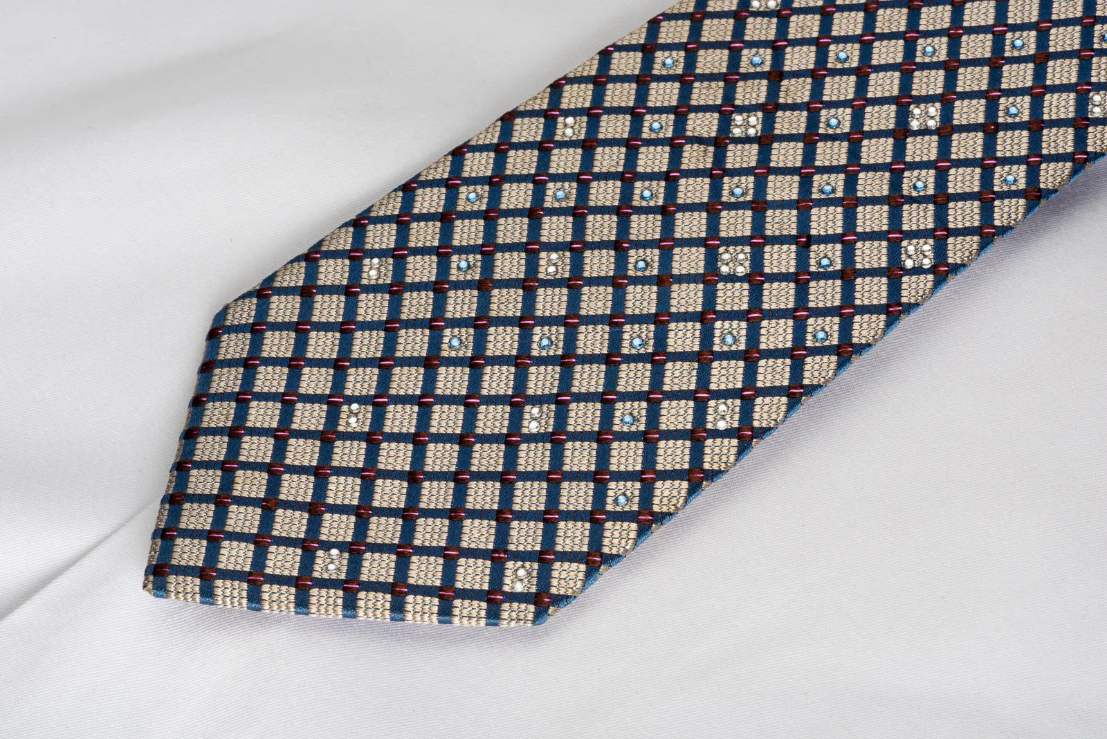 Premium Royal Rhinestone Silk Necktie Gold Blue Checker With Purple Sparkles