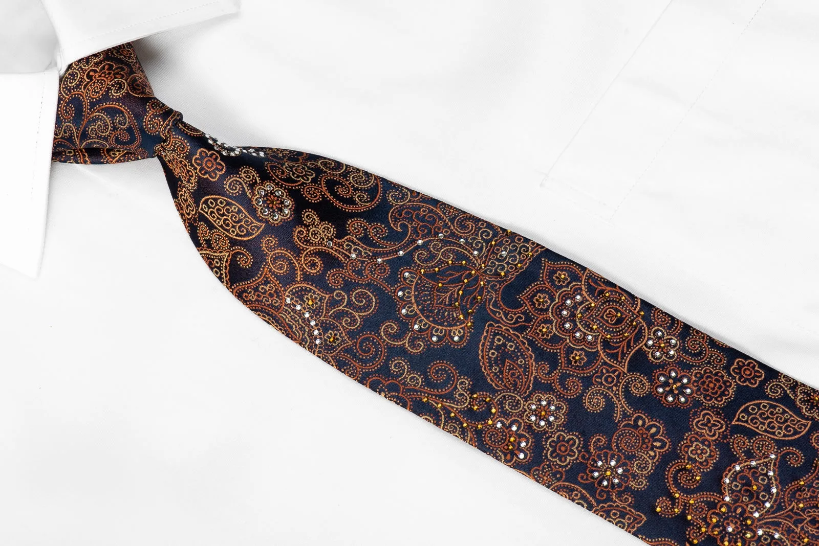 Principio Men's Crystal Rhinestone Tie Orange Anthemion On Navy Silk