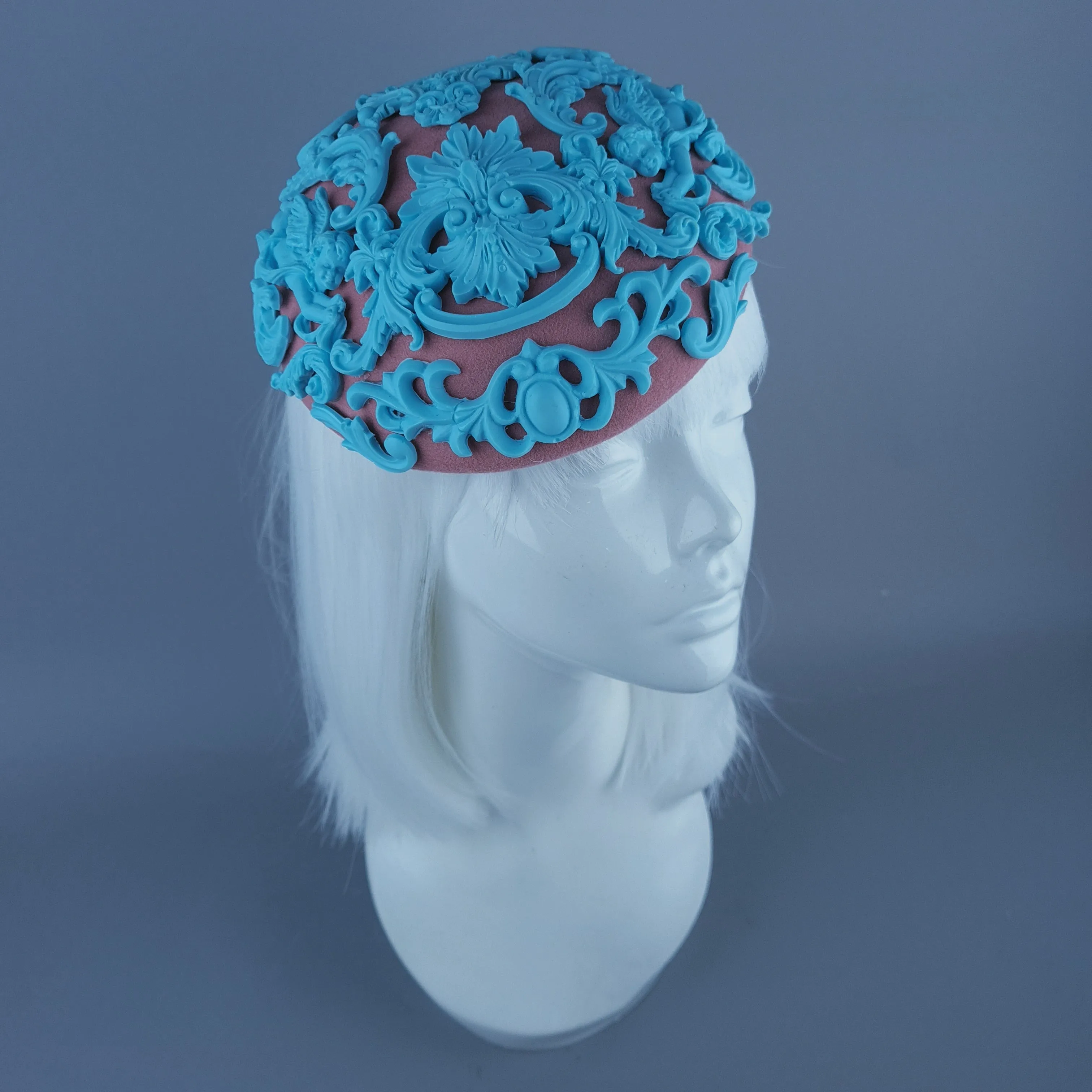 "Ozul" Pastel Blue & Oink Filigree Fascinator Hat