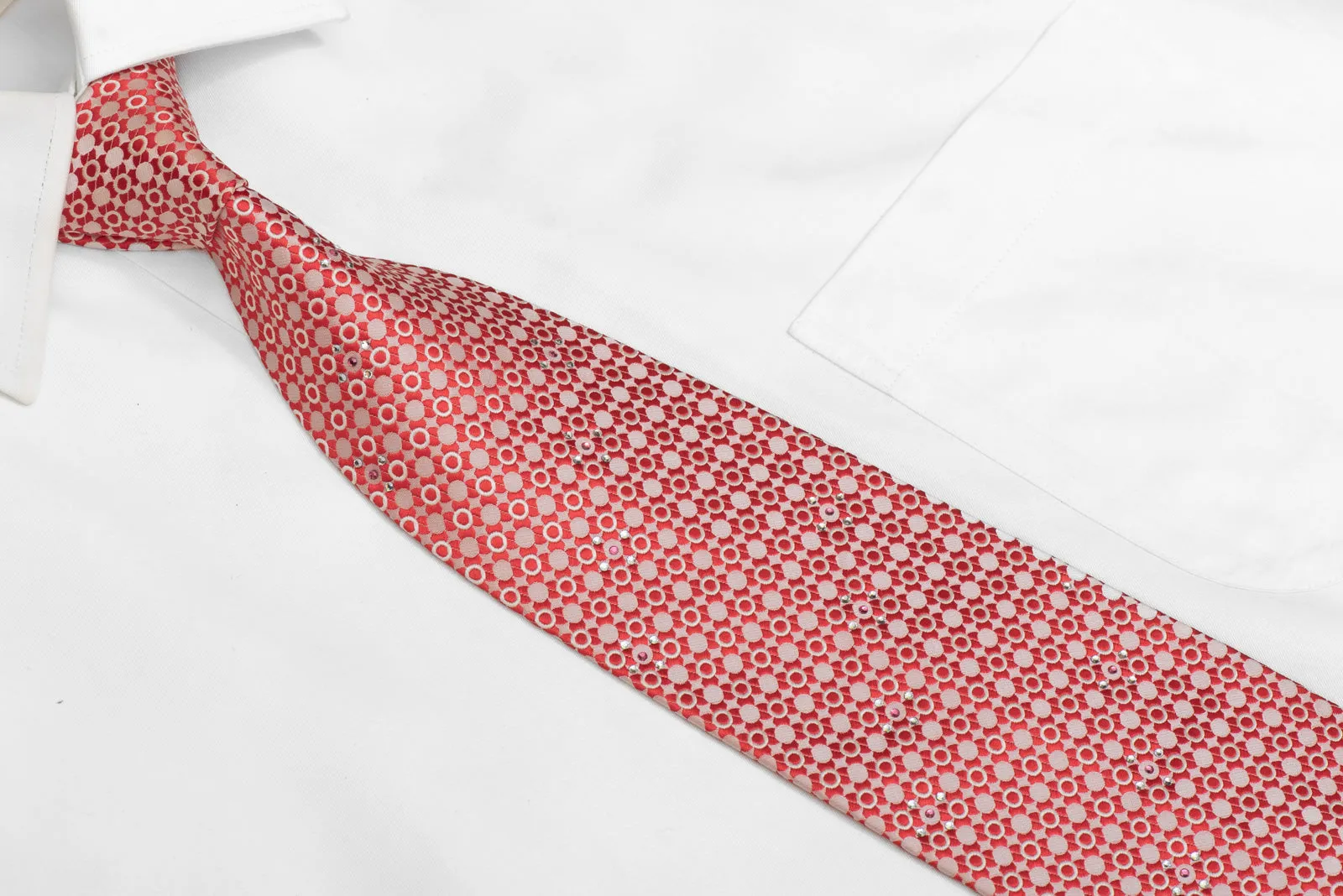 Red Geometric Design On Peach Rhinestone Silk Necktie