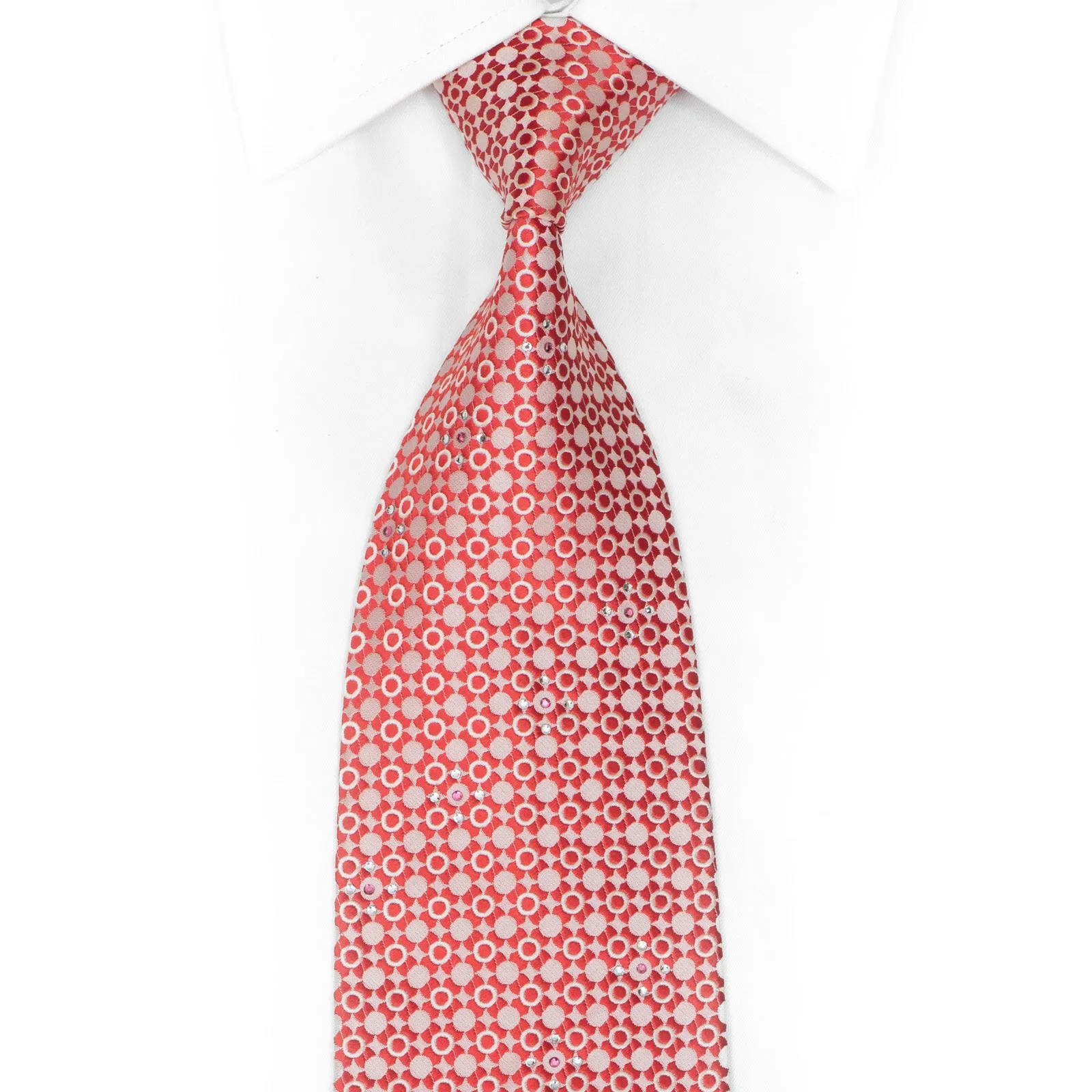 Red Geometric Design On Peach Rhinestone Silk Necktie