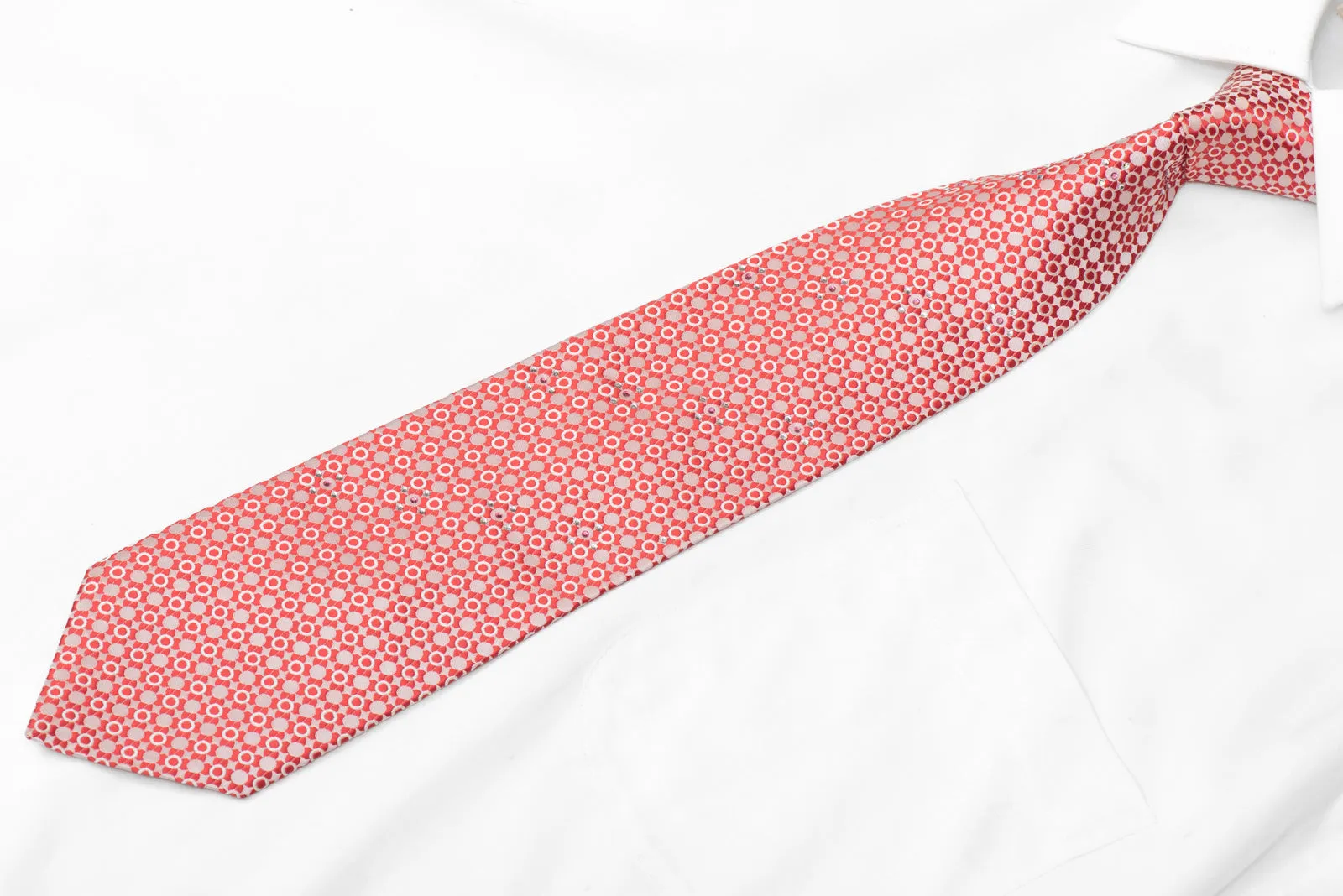 Red Geometric Design On Peach Rhinestone Silk Necktie