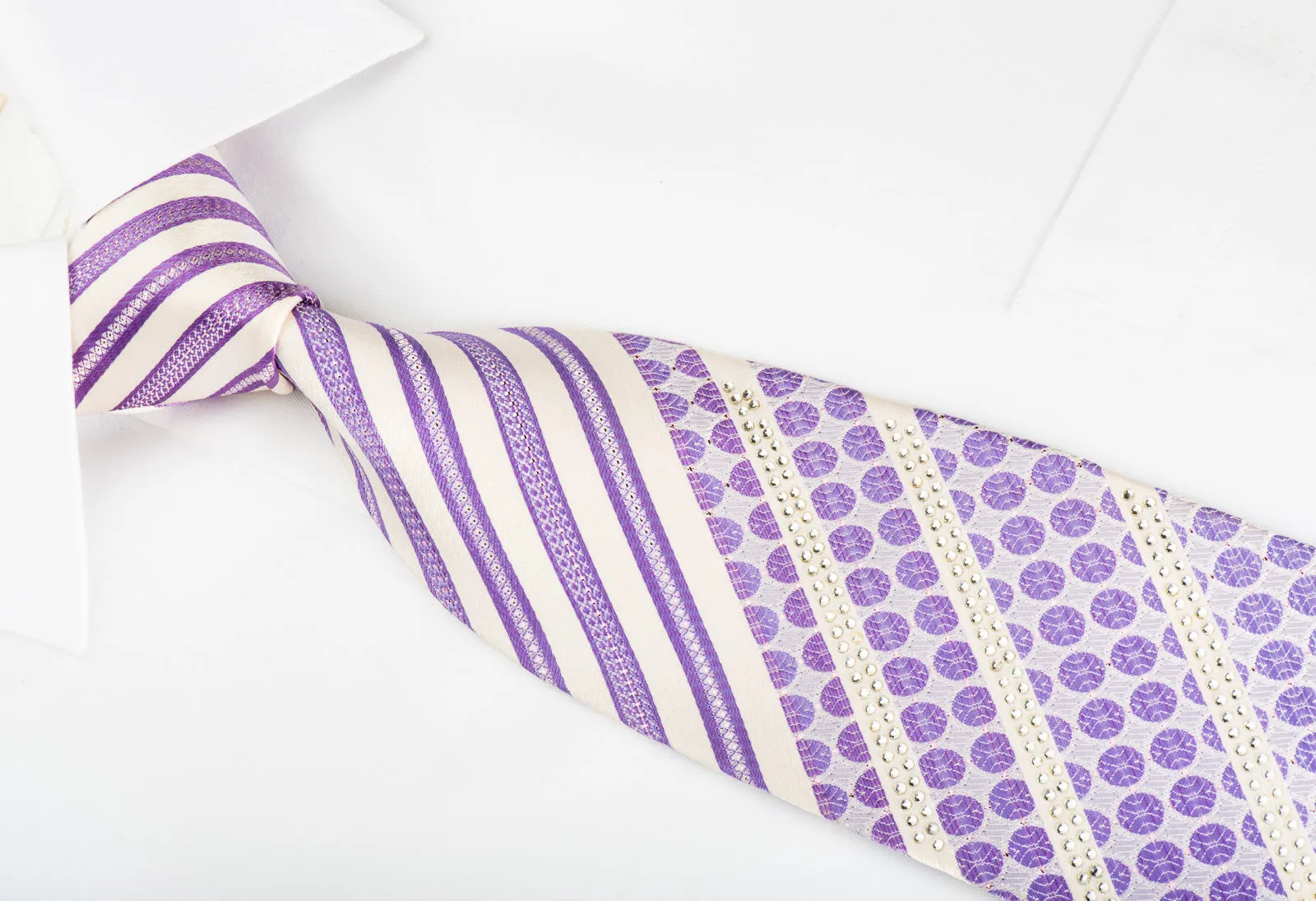 Remizio Silk Necktie Mauve Striped On White With Rhinestones