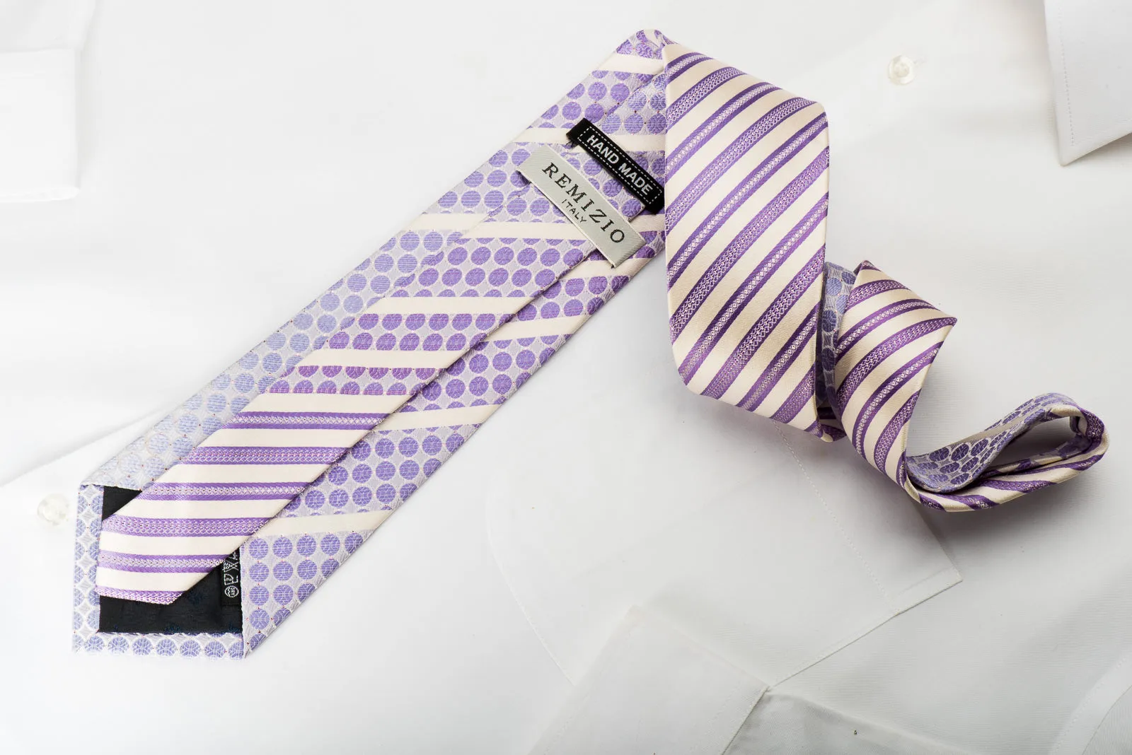 Remizio Silk Necktie Mauve Striped On White With Rhinestones