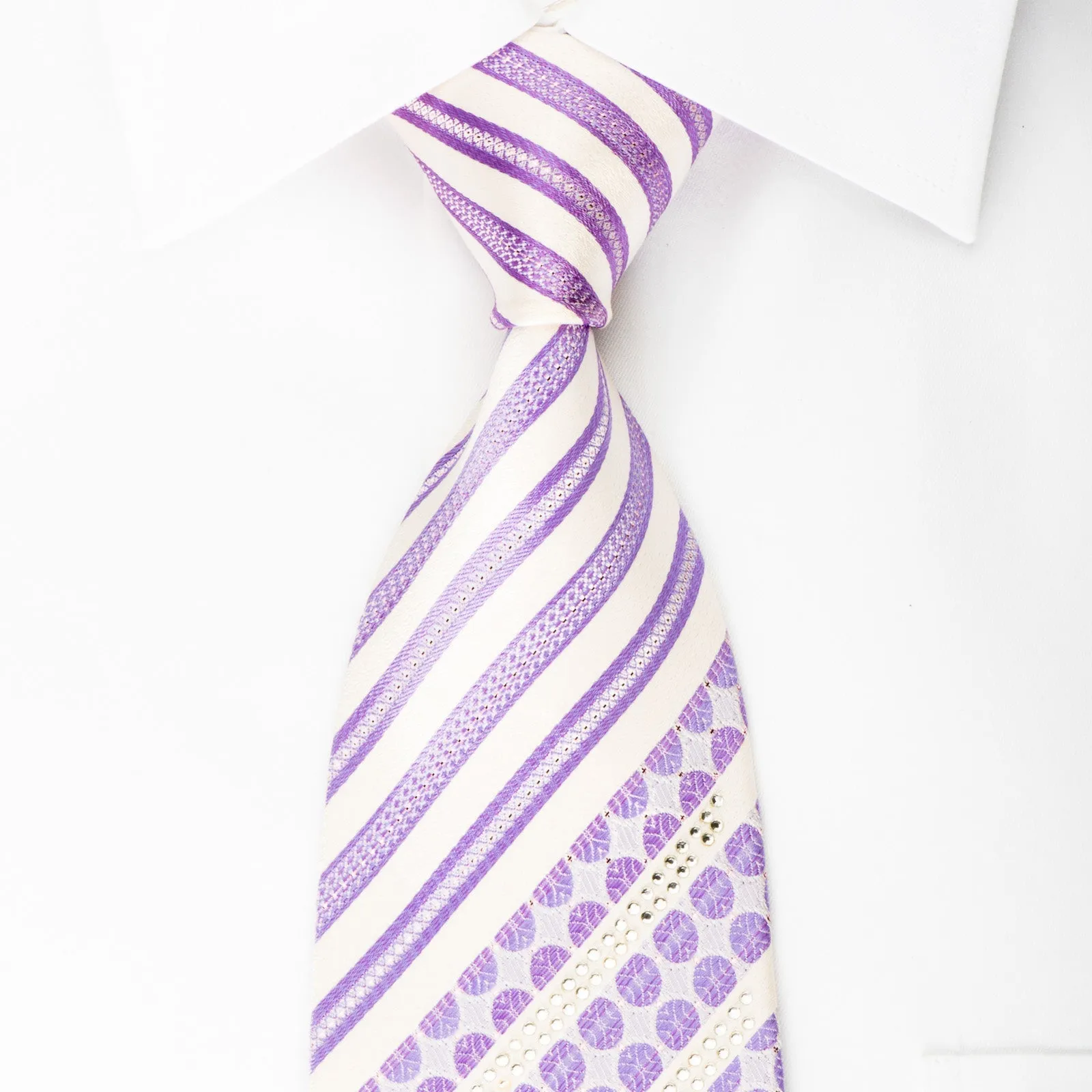 Remizio Silk Necktie Mauve Striped On White With Rhinestones