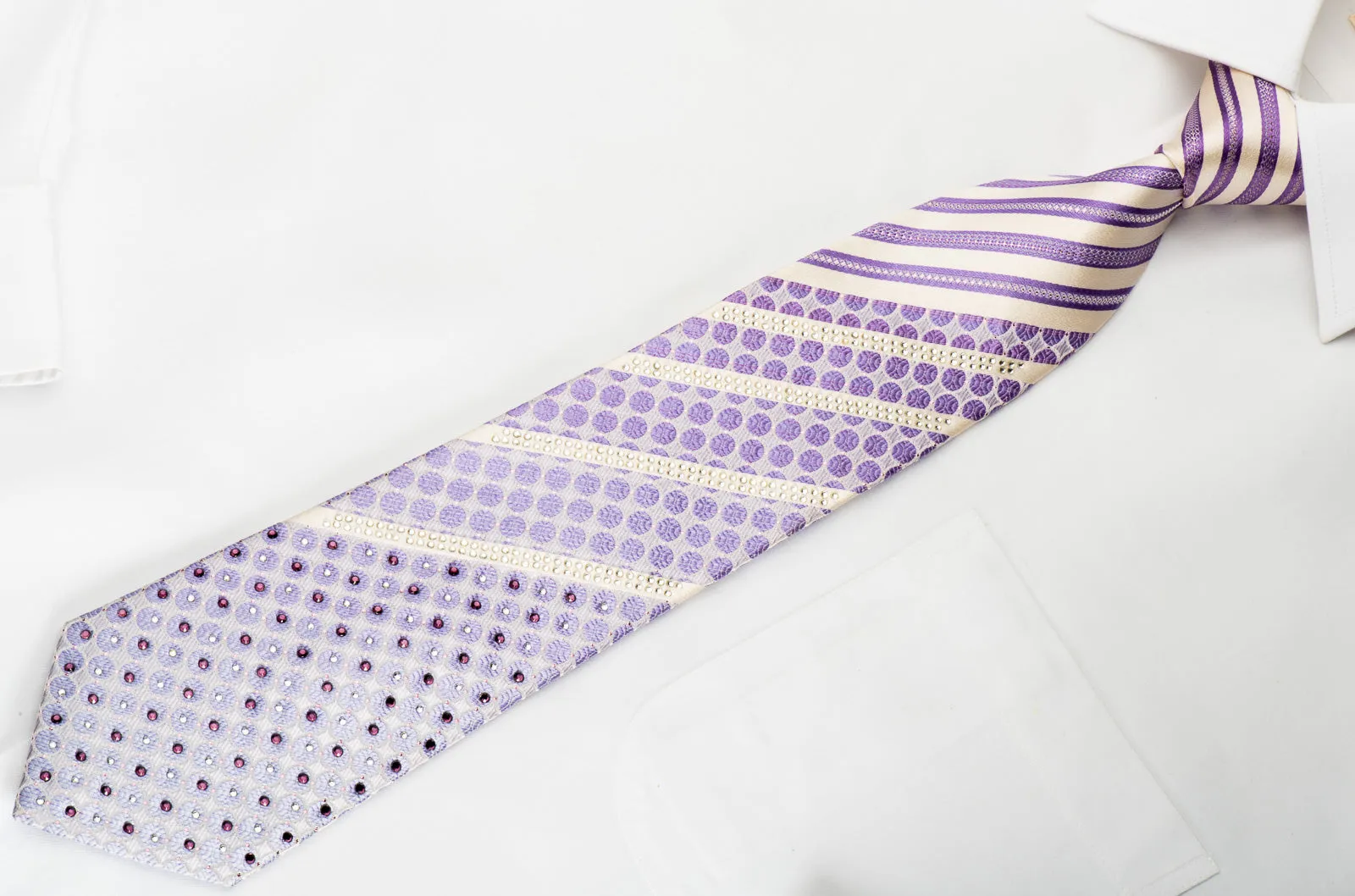 Remizio Silk Necktie Mauve Striped On White With Rhinestones