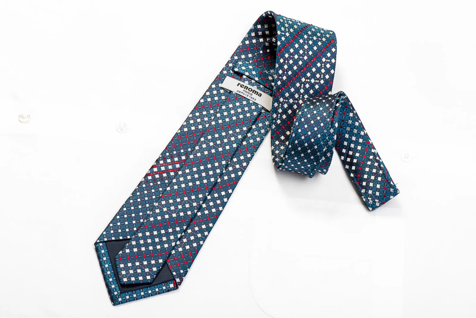 Renoma Men's Crystal Rhinestone Necktie Silver Red Geometric Checker On Teal With Sparkles